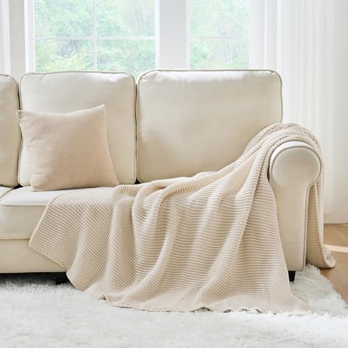 Cable Knit Throw Blanket for Couch, Beige Throw Blanket, Soft Cozy Stretchy Reversible Garter Knitted Blankets for Bed, 50"x60", Light Beige - color: Beige, size: 50"x60"