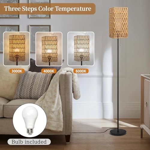 Ruiever Floor Lamp for Living Room,Farmhouse Floor lamp,Modern Standing lamp with Hand-Worked Rattan Shade (Square Shade-3 Color Blub) - style: Square Shade-3 color Blub