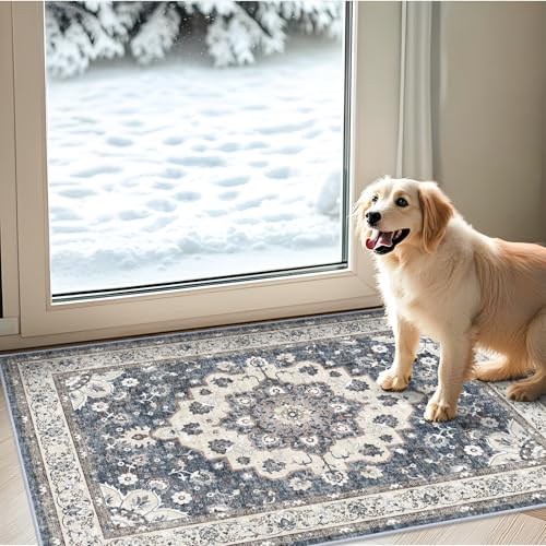 Washable 2x3 Entryway Area Rug: Vintage Non-Slip Backing Rugs for Kitchen Bathroom Water Resistant Carpet for Bedroom Soft Low Pile Front Door Mat for Dining Room 2x3 Blue - color: Blue, size: 2' x 3' (Rectangular)