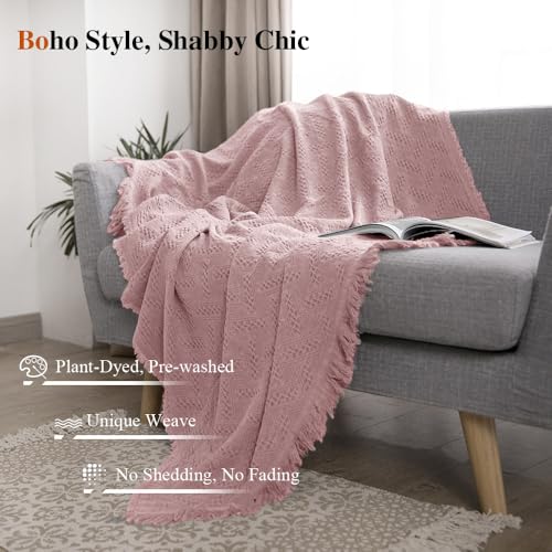 Simple&Opulence 100% Cotton Throw Blanket for Bed, Couch, Boho Luxury Geometric Knit Woven Blanket with Tassels Soft Lightweight Cozy Breathable, Vintage Farmhouse Decoration for All-Season(Pink) - color: Pink