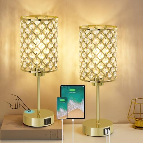 GyroVu Crystal Table Lamps Set of 2, Gold Touch Lamp for Nightstand with USB C+A Ports, Dimmable Small Bedside Lamp with Crystal Shade, End Table Desk Lamps for Bedroom, Living Room(Buld Included) - color: Gold-2, size: 14.75"
