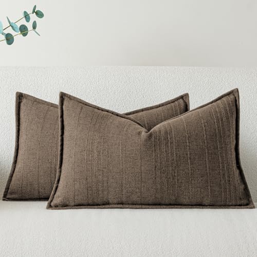a moment Linen Pillow Covers Set of 2,Boho Farmhouse Throw Pillowcases Neutral Textured Decorative Covers for Couch Sofa,Soft Linen Blend Accent Case Cushion Home Decor 20"x12"Coco Brown - color: Coco Brown, size: 20" x 12" (Pack of 2)