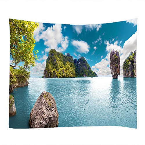 LYFANS Blue Lake Island Printed Fabric Tapestry Decorative Wall Art Tablecloth bedspread Picnic blanket Beach towel Bedroom Dormitory Living Room Multifunctional tapestry 79 x 59 inches - color: Blue Lake Water Island, size: 79x59inch