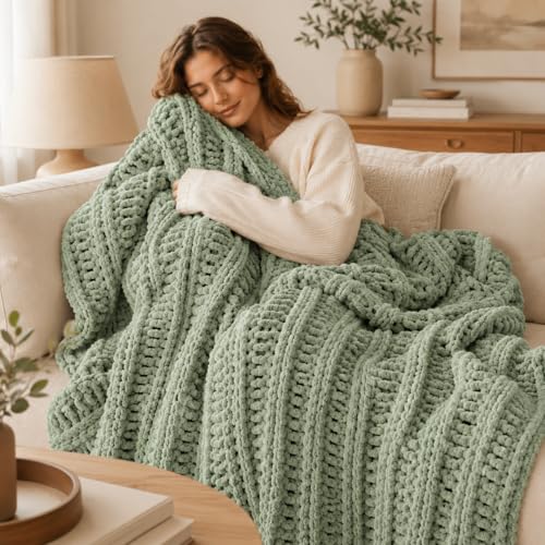Battilo Chunky Knit Throw Blanket for Couch, Hand Made Chenille Throw Blanket, Super Soft Warm Cozy Sage Green Blanket for Bed, Sofa, Living Room, 50"x60" - color: Sage Green
