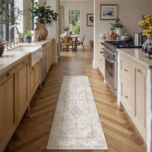 PureCozy Beige 2x6 Runner Rug for Hallway Washable Neutral Vintage Floral Medallion Soft Long Carpet Low Pile Non Slip Distressed Indoor Doormat for Kitchen Laundry Dining Living Room - color: Beige, size: 2' x 6' (Runner)