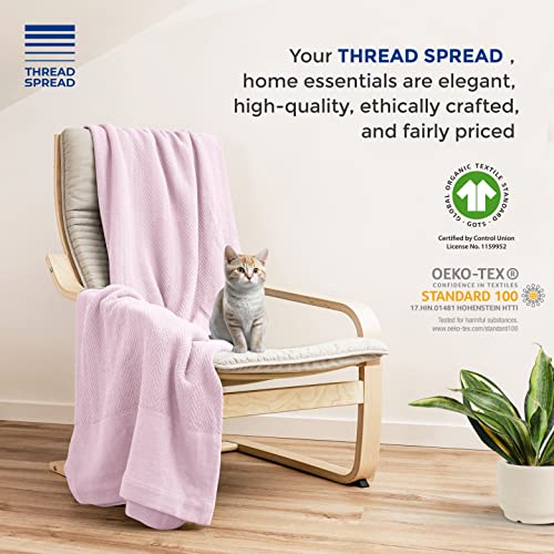 THREAD SPREAD Organic GOTS Certified Cotton Blanket, Twin/Twin XL - 350 GSM, Antistatic, Fuzzy Soft, Lightweight, Sofa, Camping & Travel, All-Season Herringbone Throw, Blush + Stylish Bonus Tote Bag - color: Herringbone - Blush, size: Twin / Twin XL