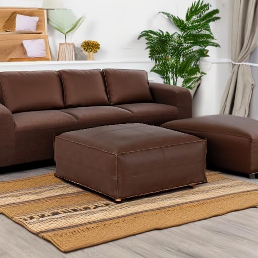 SIMPLIHOME Brody Large Square Coffee Table Pouf - 30 inch Wide Upholstered Vegan Leather Ottoman in Distressed Dark Brown, Boho Footstool, Coffee Table or Extra Seating for Living Room, Assembled