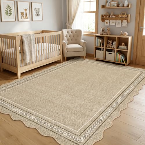 GarveeHome Washable Area Rugs 9x12 Living Room Rug Scalloped Jute Printed Non Slip Soft Bedroom Rugs Low Pile Foldable Large Rug Stain Resistant Carpet for Nursery Dining Room Classroom, Jute - color: Jute Color, size: 9' x 12' (Rectangular)