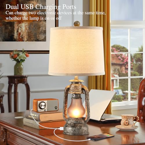 Farmhouse Rustic Table Lamps Set of 2, Iron Gray | Vintage Lantern Design, Dual USB Ports, For Living Room Bedroom Bedside, 4 Bulbs Included - color: Iron Gray - 22'' Lantern Lamps