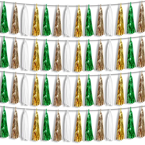 4P Sage-Green Beige-Mint Gold Foil Fringe Metallic Tassel Garland Banner, Tassels Banner Streamers for Parade Floats, Bachelorette, Wedding, Birthday, Christmas, Bridal/Baby Shower Party Decorations - color: Green White Gold Champagne