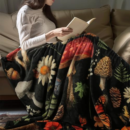 MACEVIA Mushroom Blanket for Couch, Flannel Fleece Mushroomstuff, Soft Throw Blankets for Bed Sofa, Cozy Warm Comfort Lightweight Throw Blanket for Travel Camping 260GSM (Mushroom, 50"x60") - color: Mashroom Print, size: Flannel Fleece (50x60 IN)