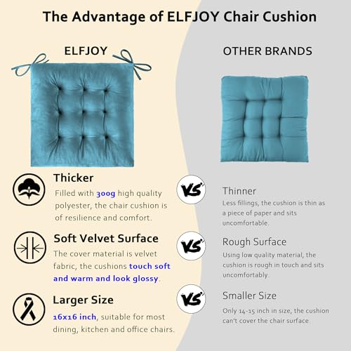 ELFJOY 4 Pack Chair Cushions for Dining Chairs Chair Pads Cushion for Kitchen Office Tufted Square Seat Cushion with Ties (16" Blue Velvet) - color: Blue Velvet