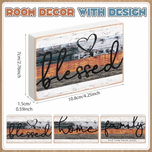 Jetec 3 Pcs Family Home Blessed Rustic Wood Sign Mini Heart Wood Decorative Sign Farmhouse Wood Decor Table Decorations Sign for Bedroom Kitchen Living Room Table Decor - color: Multicolor, size: 4.25 x 2.76 x 0.59 in