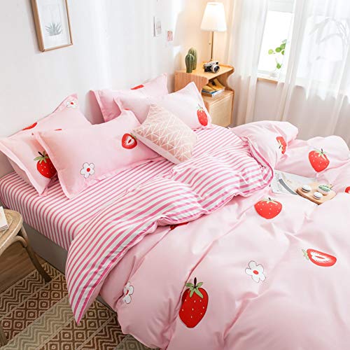 Girls Pink Strawberry Duvet Cover Set Sweet Floral Print Comforter Cover Set Cute Fruit Theme Bedspread Cover with Zipper,Luxury Reversible Stripes Bedding(Queen) - color: Multi 47, size: Queen