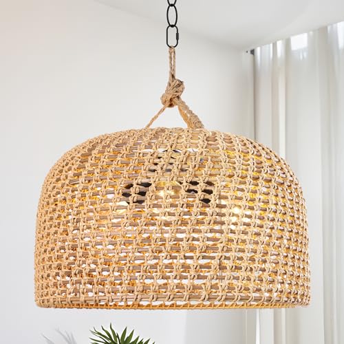LamQee 18 Inch Rattan Farmhouse Chandelier, 3-Lights Boho Large Pendant Light with Dome Wicker Shade, Rustic Hand Woven Hanging Lighting Fixture for Dining Room, Kitchen Island, Entryway, Foyer - color: Natural