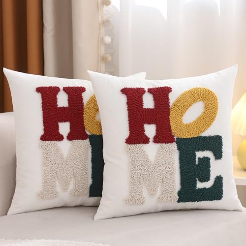 LUOYEHK Home Pillow Covers 18x18 Inch Set of 2 Words Tufted Embroidery Throw Pillow Covers Neutral Decorative Pillowcase Farmhouse Cushion Covers for Couch Sofa Bed Living Room - color: Home, size: 18" x 18" (Pack of 2)