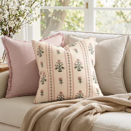 Decorative Vintage Striped Floral Throw Pillow Covers 18x18 Inch Set of 2 Pink Farmhouse Boho Botanical Print Cushion Covers for Sofa Couch Chair Bedroom Living Room Summer Home Decor - color: Pink, size: 18" x 18" (Pack of 2)
