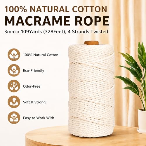 Natural Cotton Macrame Rope - 3mm x 109Yards (328Feet), 4 Strands Twisted Cotton Cord for Wall Hanging, Plant Hangers, Crafts, Gift Wrapping and Wedding Decorations, Beige - color: Beige, size: 0.12 in x 109 yd