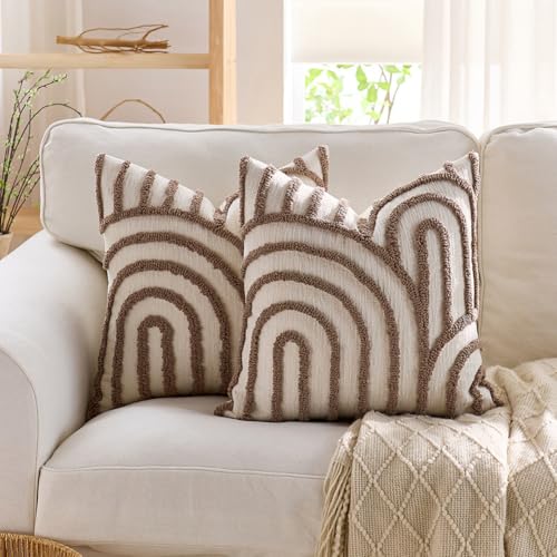 vctops Boho Throw Pillow Covers Set of 2, Modern Mid Century Arched Tufted Decorative Cushion Cover Farmhouse Rustic Geometric Textured Pillowcases for Sofa Bed Living Room (Light Coffee,18"x18") - color: Light Coffee