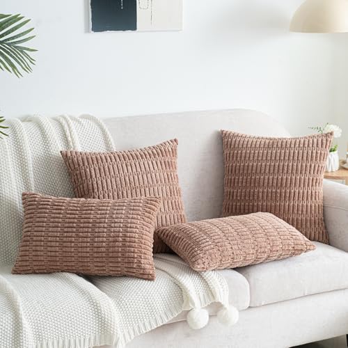 Decorative Throw Pillow Covers 18x18 Inch Set of 2, Corduroy Soft Striped Boho Couch Pillow Covers Modern Farmhouse Home Decor for Sofa Neutral Living Room Bed Light Brown - color: Light Brown, size: 18" x 18" (Pack of 2)