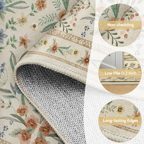 Beige Floral Area Rug 5x7,Neutral Washable Girls Bedroom Rug for Nursery, Playroom or Kids Room,Soft Non-Slip Carpet for Baby Room and Modern Home Decor - color: Beige, size: 5' x 7' (Rectangular)