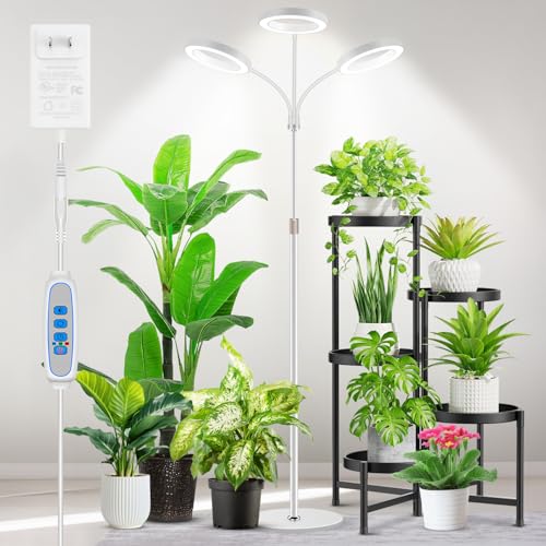 Aumtrly Grow Lights for Indoor Plants, 3 Head Full Spectrum Plant Light with 68" Adjustable Stand for Growing Large Tall Plants, White Halo Floor LED Grow Lamp with 16 Hour Timer - size: 3 head 68inch/white