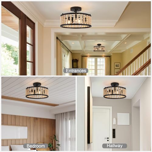 Luupyia Wood Bead Ceiling Light 3Lights, 12.79Inches Vintage Boho Ceiling Light Fixture Small Chandeliers Semi Flush Mount Mid Century Retro Overhead Lighting for Bedroom Foyer Hallway, E26