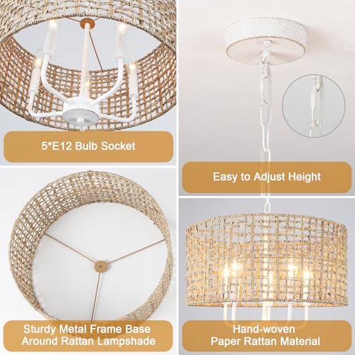 Rattan Chandelier 5-Light Farmhouse Boho Pendant Light Fixture for Dining Room Brown and White Woven Chandeliers for Ceiling Light,Bedroom,Living Room,Foyer,Kitchen Island,Coastal,Stairway,Hallway - color: 5-light White and Brown
