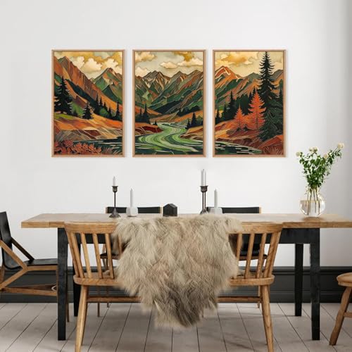 HPINUB Abstract Boho Mountain Framed Canvas Wall Art Set,Vibrant Forest Pine Tree Wall Decor,Textured Landscape Artwork Rustic Linear Scenery Art Print for Living Room,Bedroom,Office-24 x36 x3 - color: Abstract Mountains Wall Art, size: 24"L x 36"W