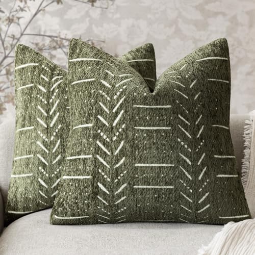 Home Décor Decorative Boho Accent Chenille Throw Pillow Covers, Textured Neutral Cushion Covers, Soft Farmhouse Pillowcase for Couch Sofa Bed Living Room, 18×18 Inch, Set of 2, Olive Green - color: Olive Green, size: 18" x 18" (Pack of 2)