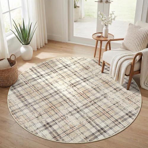 Garvee Tartan Plaid Washable Round Rug 4ft for Living Room Non Slip Circle Rugs，Farmhouse Soft Ultra-Thin Carpet for Entryway Kitchen Bedroom Nursery Bathroom, Beige 4'x4' - color: Plaid|beige, size: 4' (Round)
