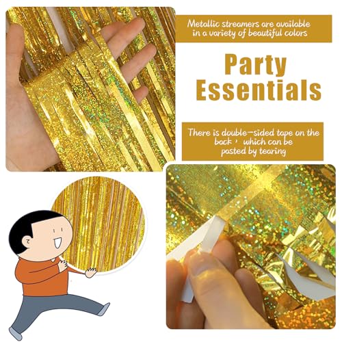 3 Pack Gold Foil Tinsel Backdrop Curtain Birthday Decorations Streamers for Dance Party Photo Booth Props Bachelorette Christmas Halloween New Years Eve Party Supplies - color: Gold