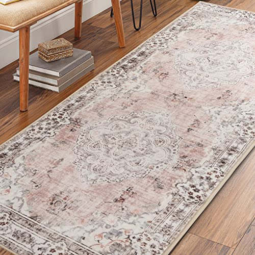 MUJOO Non Slip Boho Pink Runner Rug, Machine Washable for Hallways Entryway Kitchen Bathroom Bedside Retro Soft Low-Pile 2'x6' Blossom - color: Pink, size: 2' x 6' (Rectangular)
