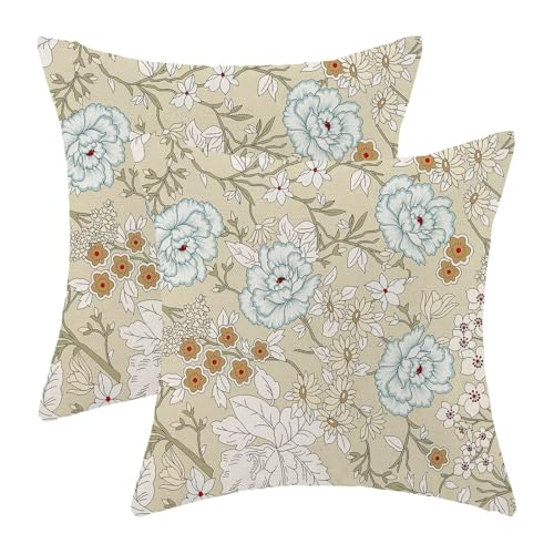 Spring Floral Throw Pillow Covers 18x18 Set of 2, Pattern on Brown Decorative Pillow Covers Daisy Flowers Print Linen Outdoor Cushion Cover Colourful Floral Pillowcase for Sofa Couch Farmhouse - color: Spring Flower3, size: 18" x 18" (Pack of 2)
