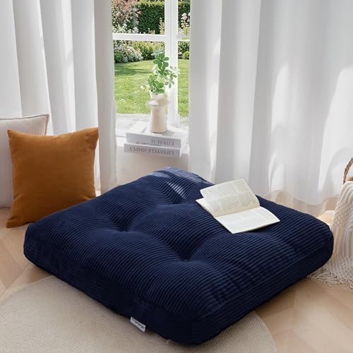 HIGOGOGO 35" Floor Pillow Cushion for Adults, Meditation Cushion Pillow, Extra Large Square Floor Sitting, Tufted Corduroy Cover for Tatami Living Room or Yoga, Navy - color: Navy, size: 4" Thick Square
