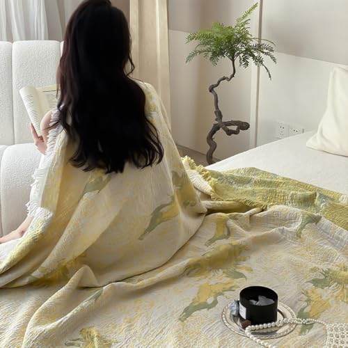 Lemfux 4-Layer 100% Cotton Muslin Cooling Blanket, Boho Floral Gauze Throw with Fringe, Ultra Soft Breathable Lightweight Bedspread Coverlet for Bed Sofa Couch - color: Sunflower Floral, size: 80"x90"
