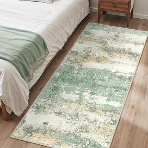 BEIMO Runner Rug for Hallway Kitchen, 2'6"x4' Machine Washable Runners Rug for Entryway, Soft Modern Abstract Throw Rugs, Low Pile Floor Cover with Non Slip Backing, Light Green - color: Light Green/Cream, size: 2'6" x 4' (Rectangular)