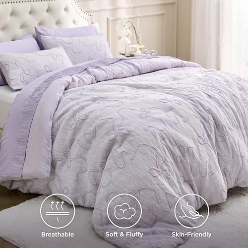 Bedsure Lavender Comforter Set Queen, GentleSoft™ 3 Pieces Breathable Bow Comforter Set Women Girls with 2 Pillow Shams, Cute Queen Bedding Sets Room Decor Aesthetic Bedroom Decor, 90x90 Inches - color: 01 - Bow Lavender, size: Queen (90" x 90")
