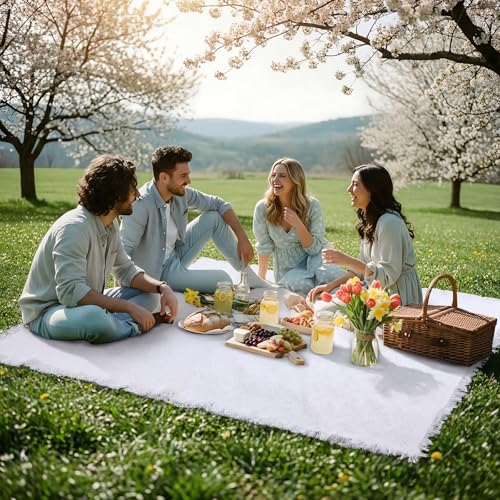 Frienda 72 x 92 Inch Large White Outdoor Picnic Blanket Woven Cotton Yarn Blanket with Fringe and Leather Storage Strap Boho Decor Camping Lawn Wedding Photoshoot Beach Park Grass - color: White, size: 72 x 92 Inch