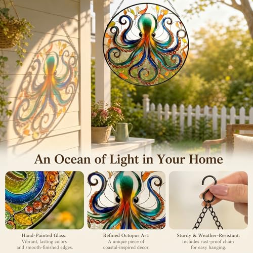 Octopus Stained Glass Window Hanging, 9.8’’ Sun Catcher Glass Panel Ocean Theme Wall Art Decor with Chain, Birthday Gift for Sons, Daughters, Grandson - color: Octopus
