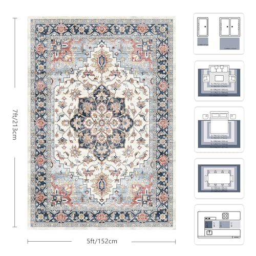 5x7 Area Rugs - Washable Rug Vintage Distress Boho Medallion Rugs for Living Room, Soft Non-Slip Backing Low Pile Carpet for Bedroom Dining Room Office Nursery Dorm Home, Blue Beige Orange - color: D-navy Blue/Beige/Orange, size: 5' x 7' (Rectangular)