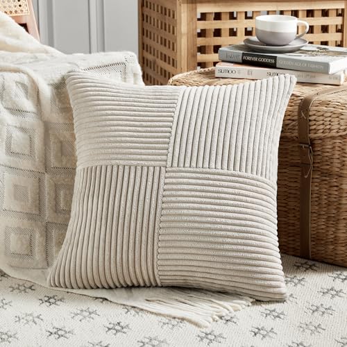 Fancy Homi 2 Packs Neutral Taupe Samll Decorative Throw Pillow Covers 12x12 Inch with for Couch Bed Sofa, Rustic Farmhouse Boho Home Decor, Soft Corss Patchwork Corduroy Square Cushion Case 30x30 cm - color: Neutral Taupe, size: 12" x 12" (Pack of 2)