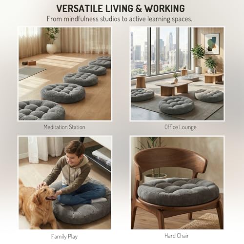 Meditation Floor Pillow Set of 2, Round Large Pillows Seating for Adults, Tufted Corduroy Cushion for Tatami Living Room, Grey, 22 Inch - color: Round | Grey | 2 Pack, size: 2 Pack