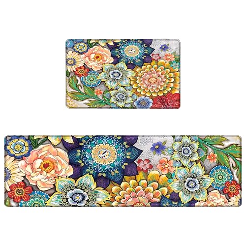 Boho Floral Kitchen Runner Rugs Mats for Floor 2 Piece Memory Foam Padded Long Kitchen Mats Anti Fatigue Cushioned Comfort Standing Mat, 17.3x28+17.3x59 Inch - color: Colorful Boho Floral, size: 17.3"x28"+17.3"x59"-0.40Th[2PCS]