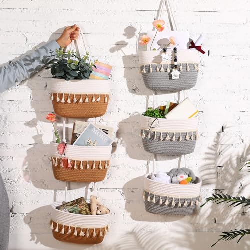 SiliFine Over The Door Hanging Basket Boho Woven Wall Hanging Baskets 3-Tier Cotton Wall Mounted Storage Organizer Bag Macrame Decorative for Kitchen Laundry Room Stairs(White, Jute) - color: White, Jute