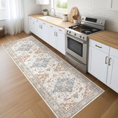 Runner Rug Kitchen Washable Rugs: 2x6 Non-Slip Boho Vintage Distressed Stain Resistant Indoor Neutral Farmhouse Throw Carpet for Hallway Bathroom Laundry Room Entryway Bedroom- Beige Blue - color: Beige Blue, size: 2' x 6' (Runner)