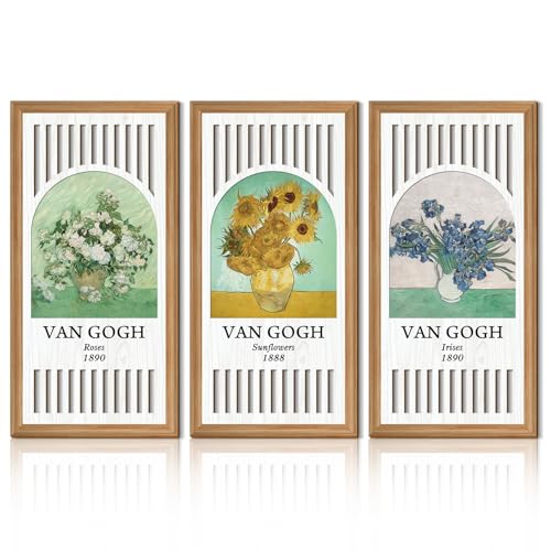 TOARTi 3 Pcs Wooden Van Gogh Wall Art Vintage Flowers Hanging Sign Roses Sunflower Irises by Van Gogh Floral Painting Wall Decor Abstract Floral Artwork Vase Flower Wall Art Decoration for Living Room - color: Van Gogh Flowers Wooden Wall Art, size: 8"L x