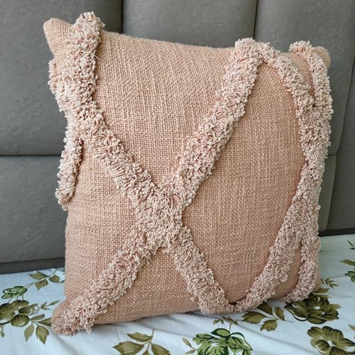 Boho Tufted Throw Pillow Cover, Blush Pink, Cotton, Geometric Diamond Pattern with Fringe