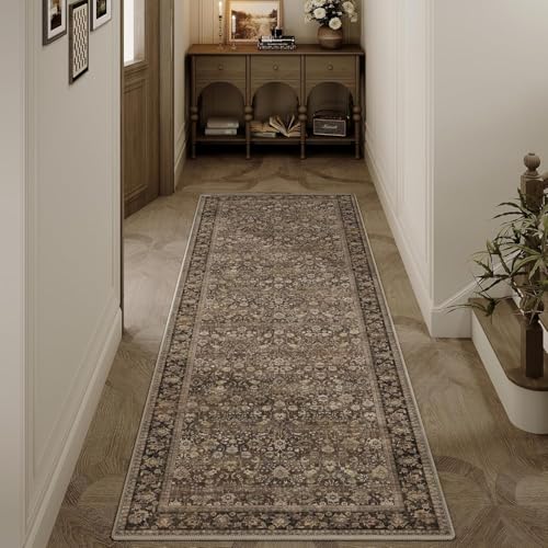 HUGEAR 2x6 Runner Rug Machine Washable Brown Hallway Area Rugs Indoor Accent Rugs Floral Mid Pile Carpet Distressed Soft Thicker Throw Rug Bedroom Office Dining Kitchen Laundry Non Slip - color: Floral | Brown, size: 2' x 6' (Thicker)