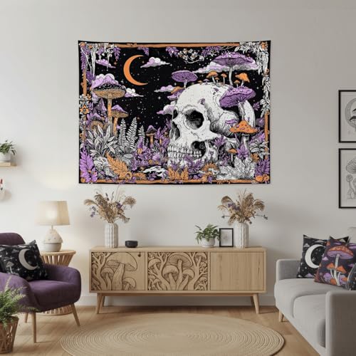 Accnicc Mushroom Skull Tapestry Gothic Skeleton Vintage Plant Tapestries Wall Hanging Botanical Witchy Horror Small Tapestry for Bedroom Living Room Dorm 48 x 36 inch - color: Purple White, size: 48"L x 36"W